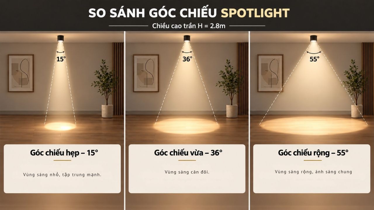 So sánh góc chiếu đèn spotlight 15, 36 và 55 độ trong phòng khách, từ ánh sáng hẹp đến rộng
